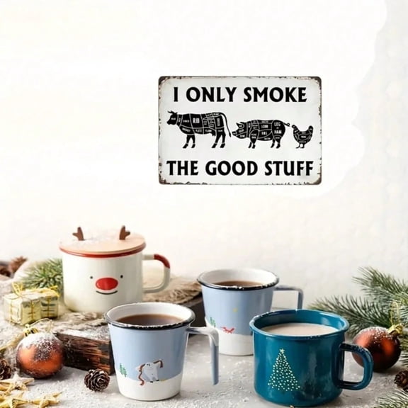 HELLOYOUNG "I Only Smoke" Vintage BBQ Metal Sign Rustic Iron Art with Meat Illustrations Outdoor Grill Easy Hang Decor for Smoker Patio
