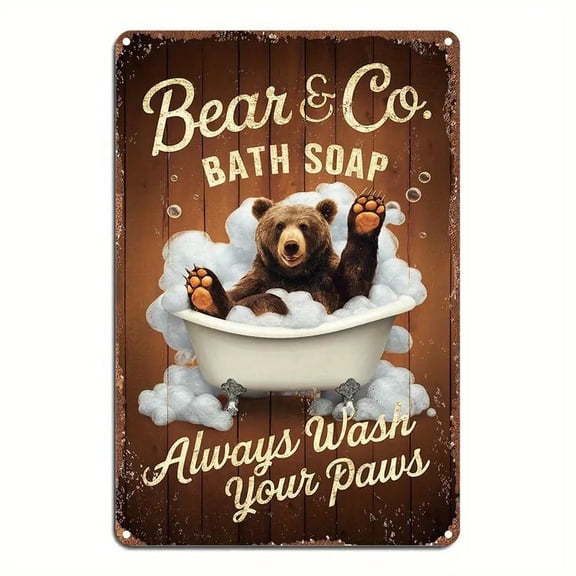 HELLOYOUNG Iron 1pcs Bear and Company Vintage Foil Engraved Wall Art- Rustic Metal Sign with "Wash Your Paws" Humor Design Bear in Bathtub- 8x12 inches Bathroom Kitchen Cafe Decor