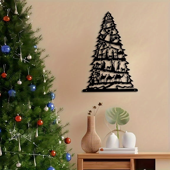 HELLOYOUNG Iron Christmas Tree Metal Scene Mural - Simple & Elegant Silhouette Outline Wall Sculpture Perfect Home Decor for Room, Ideal Christmas Gift Idea Festive Holiday Art