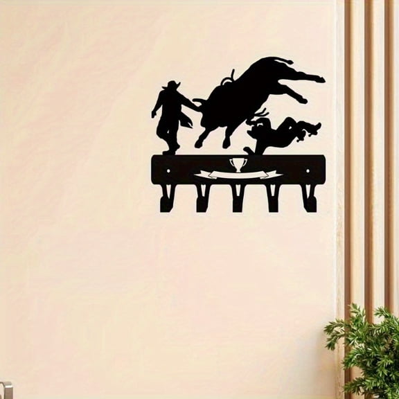 HELLOYOUNG Iron Wall Hook Rodeo Cowboy Key Holder - 9" Metal Key Rack with Utility Hooks, Unique Eye-catching Home Decor for Halloween Christmas Gift