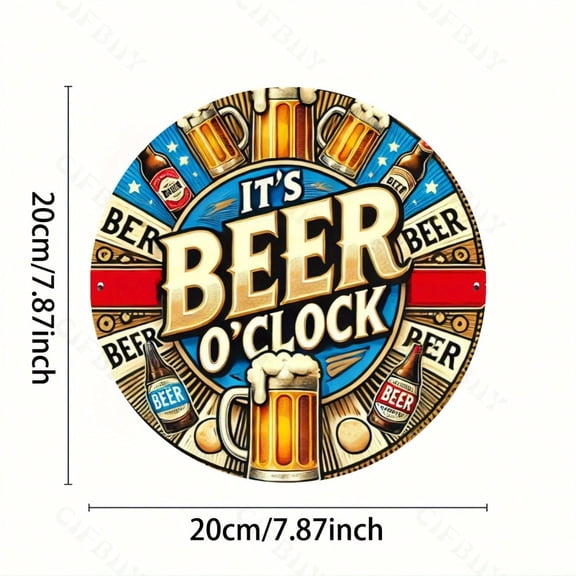 HELLOYOUNG "It'S Beer O'Clock" Metal Wall Art, 8X8 Inch Aluminum Sign for Home Kitchen Bar Garage, Rustproof Easy To Hang Round Decoration