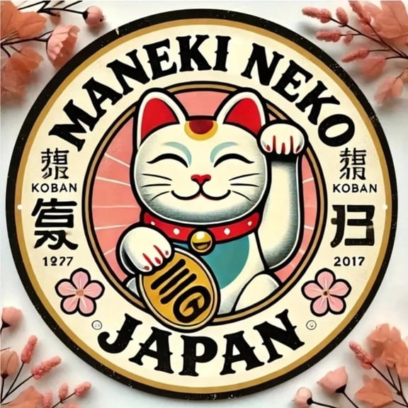 HELLOYOUNG Japanese Maneki Neko Lucky Cat Metal Wall Sign, Rustic Retro Round Aluminum Art Decor for Home Office, Good Fortune