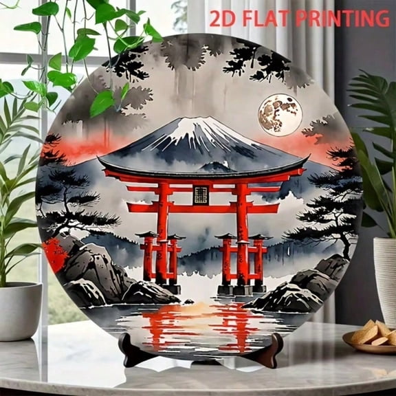HELLOYOUNG Japanese Wall Art Metal Sculpture, 2D Flat Mount Landscape with Red Torii Gates & Full Moon, Wrought Iron Wall Decor for Home & Office