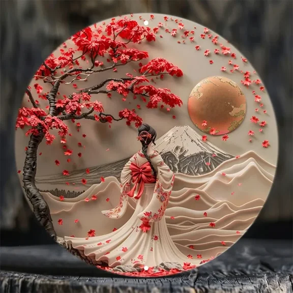 HELLOYOUNG Japanese Woman Kimono Cherry Blossom Aluminum Metal Wall Decor, Rustproof Garden Art, Spring Sakura Home Decor