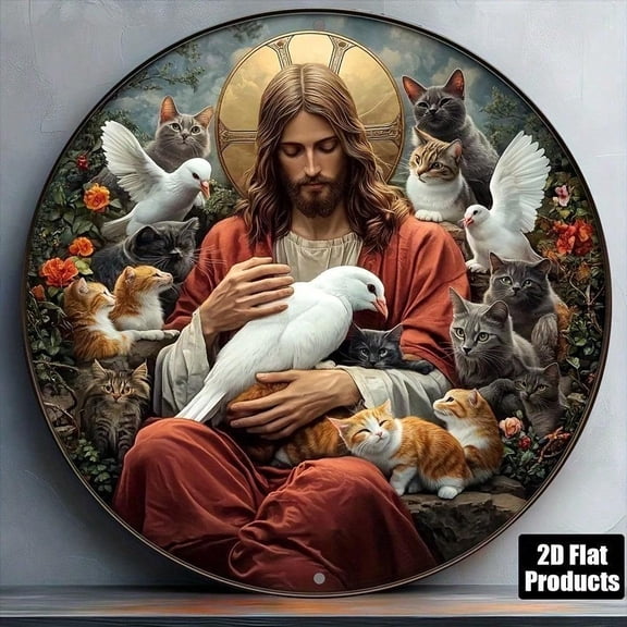HELLOYOUNG Jesus Baby Cat 2D Print Metal Wall Decor, 8-Inch Round Aluminum Hole-Punched Design, High-Quality HD Printed, Durable Ready To Use Home Dcor Gift