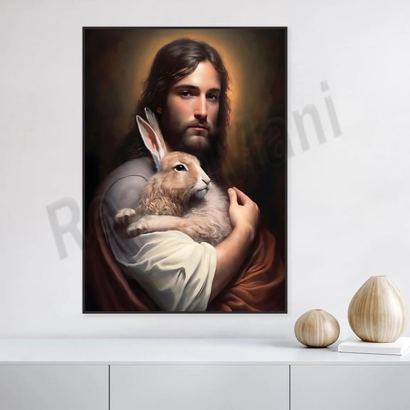 HELLOYOUNG Jesus Christ Easter Rabbit Religious Oil Painting Canvas Wall Art Home Decor