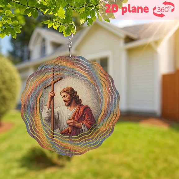 HELLOYOUNG Jesus Wind Chime 10 Inch Rotating Cross for Outdoor Garden Decor Degree Hanging Hook, Religious Gift for Christmas Thanksgiving Easter Home Yard Decoration