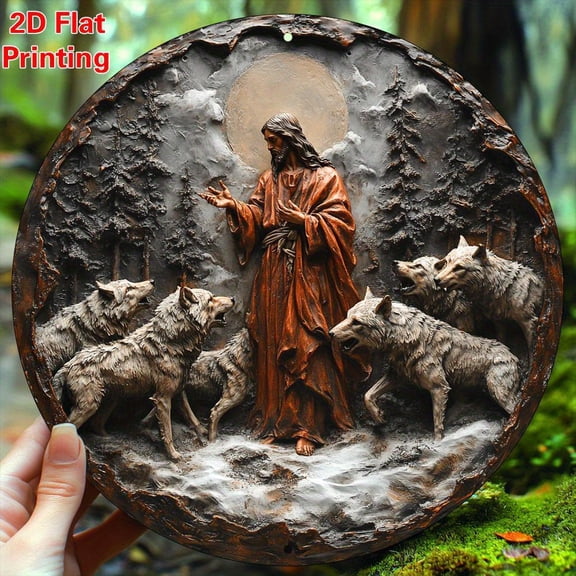 HELLOYOUNG Jesus Wolf Bohemian Aluminum Wall Art 8x8 Inch, 2D Print Detailed Carving Spiritual Decor for Kitchen Office Cafe