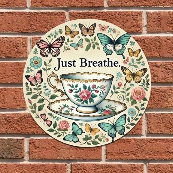 HELLOYOUNG Just Breathe Wooden Teacup Wall Art 8x8 Inch Handcrafted 2D Meditation Decor Floral Butterfly Design for Home Yoga Zen Studio