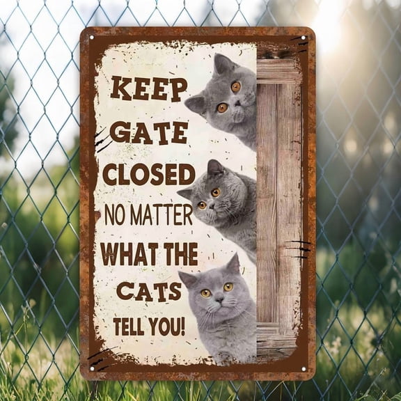 HELLOYOUNG Keep Gate Closed Sign, Funny Metal Cat Yard Decor for Fence, Rustic Farmhouse Outdoor Warning Iron Wall Art