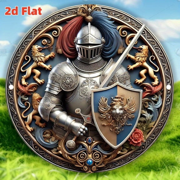 HELLOYOUNG Knights Shield Metal Wall Art Decor 7.8x7.8 Inch Armor Sword Design Plaque for Home Bedroom Living Room Rustic Medieval Gift