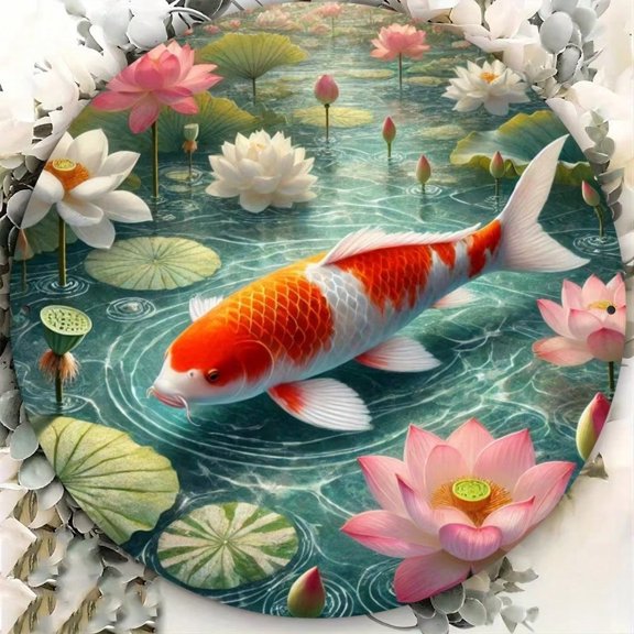 HELLOYOUNG Koi Fish Metal Sign Wall Decor Circular Flat-Printed Art for Bar Cafe Kitchen