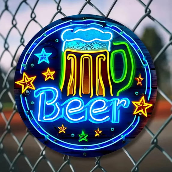 HELLOYOUNG LED Neon Beer Sign Wall Art for Bar, 8 Inch Round Metal Pub Decor with Colorful Mug and Stars for Home Tavern