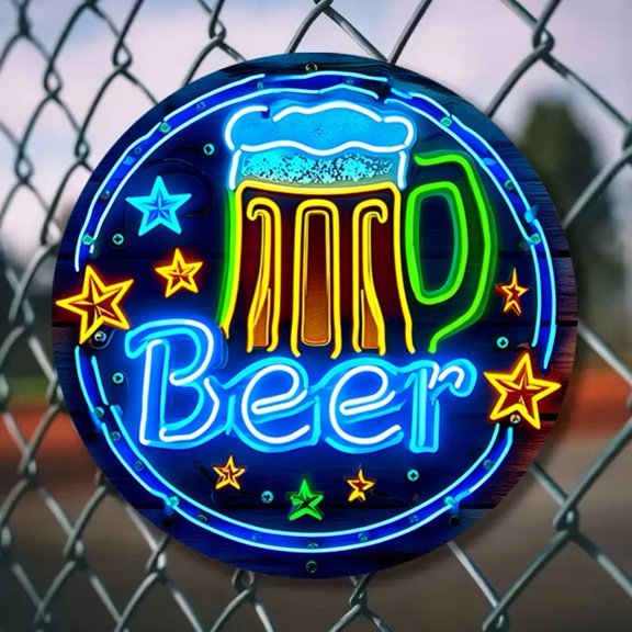 HELLOYOUNG LED Neon Beer Sign Wall Art for Bar, 8 Inch Round Metal Pub Decor with Colorful Mug and Stars for Home Tavern