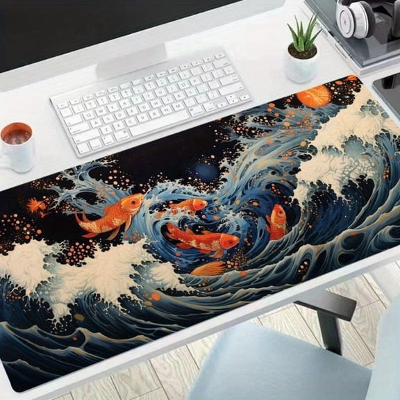 HELLOYOUNG Large Gaming Mouse Pad, Japanese Great Wave Koi Fish Pattern, Non-Slip Rubber Base, Smooth Cloth Surface, Extended Desk Mat for Computer Office, Keyboard & Mouse Pad, Durable Stitched Edge