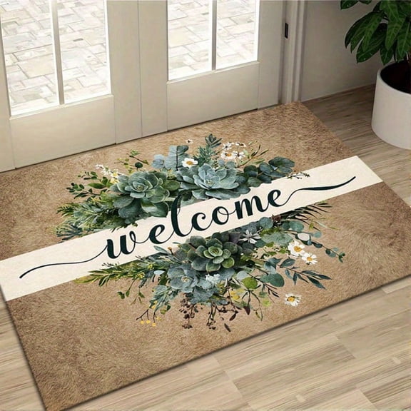 HELLOYOUNG Large Non-Slip Diatom Mud Doormat, Beige Green Botanical Floral Succulent Design, Absorbent Quick Dry for High Traffic Areas Indoor/Outdoor