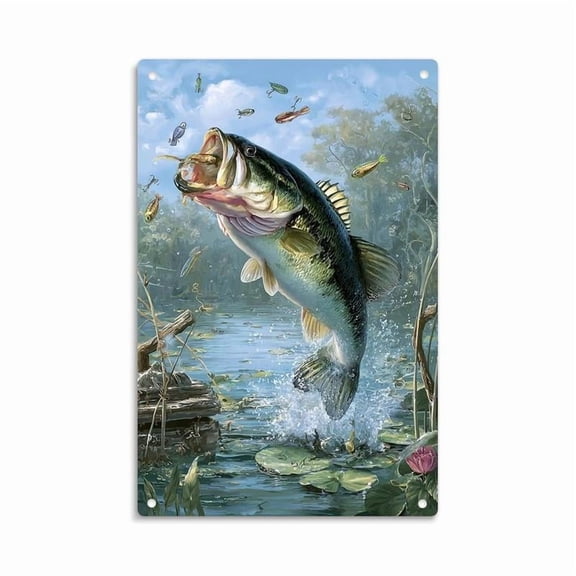 HELLOYOUNG Largemouth Bass Jumping, Fishing Lure Tin Sign, Vintage Largemouth Bass Fishing Metal Sign Print Aesthetic Room Decoration for Home Bedroom Kitchen Bar Dorm Bathroom Wall Decor 8 X 12 Inch