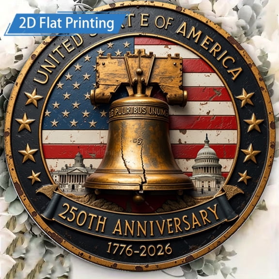 HELLOYOUNG Liberty Bell USA Flag Metal Sign 8x8 Inch, 2D Flat Aluminum Wall Plaque for Porch Garden Home Decor, 250th Anniversary 1776-2026 Patriotic