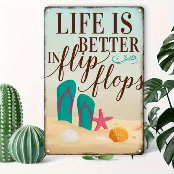 HELLOYOUNG Life Is Better in Flip Flops Metal Wall Art, Vintage Beach Sign, Rustic Turquoise Brown Iron Hanging Decor for Home