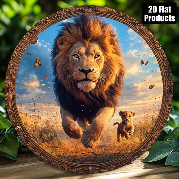 HELLOYOUNG Lion Leopard Round Metal Wall Art 8x8 Inch, Aluminum Animal Home Decor Sign for Bar Kitchen Cafe Office, Unique Gift Wall Decor