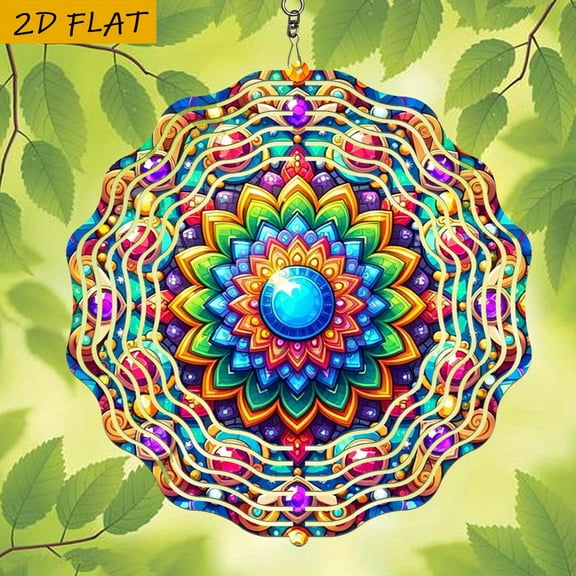 HELLOYOUNG Mandala Wind Spinner 360 Rotating Iron Wind-powered Rotator Rainbow Metal Stake Stained Glass Style Whimsical Garden Decor DIY Valentine Gift