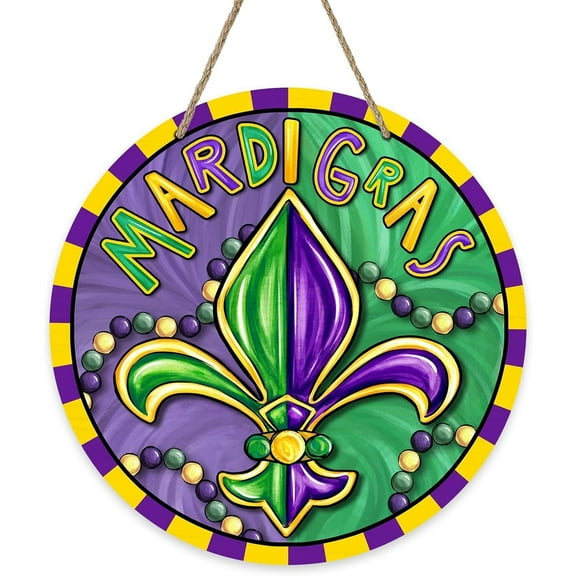 HELLOYOUNG Mardi Gras Fleur De Lis Front Door Sign, Beads New Orleans Carnival Wood Door Hanger Outdoor Outside Porch Decor, Masquerade Mental Wreath Indoor Wall Hanging Decoration