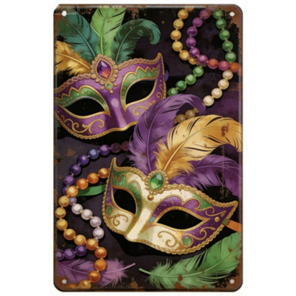 HELLOYOUNG Mardi Gras Tin Garden wall art 12x8 Inches Outdoor Alligator Decorative Yard mental New Orleans Carnival Holiday Home Decor Mask Masquerade