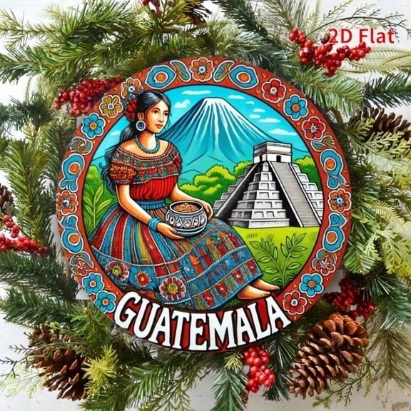 HELLOYOUNG Mayan Metal Wall Art 2D Folk Art Guatemalan Indigenous Portrait with Volcano Pyramids Mexican Culture Decor