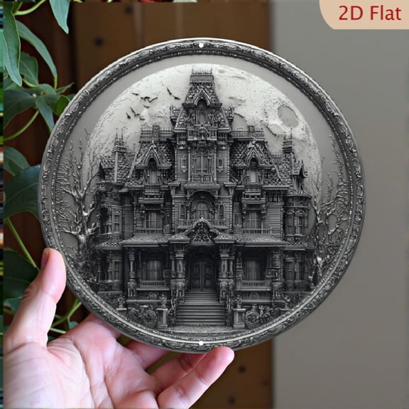 HELLOYOUNG Medieval Gothic Castle Vintage Metal Sign, Round 8x8 Inch Wall Art for Halloween Christmas Decor, Home Bar Cafe Office Decorative Tin Sign