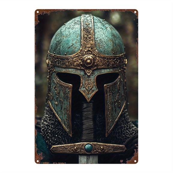 HELLOYOUNG Medieval Knight Metal Wall Decor 2D Helmet & Sword Cast Iron Wall Art 8x12 Inch Vintage with Pre-Drilled Holes, Medieval Gift for Man Cave Bar Home Office