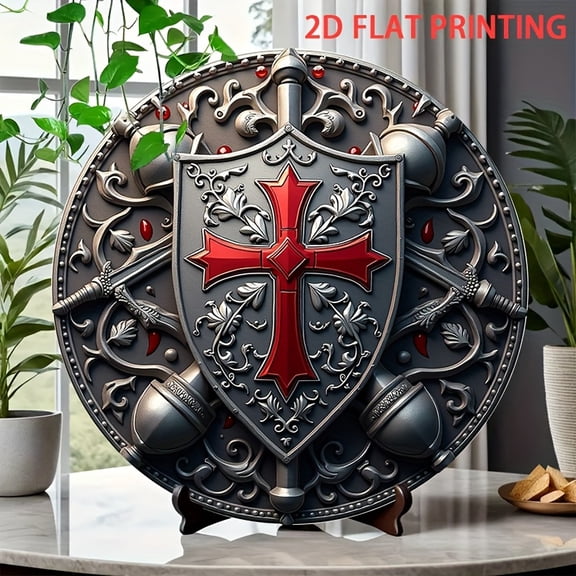 HELLOYOUNG Medieval Knight Shield Wall Decor 2D Metal Sign 7.9x7.8 Inch Vintage Iron Crest Rustic German Phrase Home Office Bar Decor