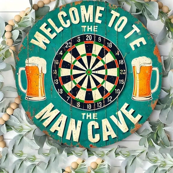 HELLOYOUNG Men's Cave Sign 8x8 Inch Metal Wall Art, Round Aluminum Sports Bar Decor, Durable Beer Darts Plaque for Home Man Cave Gift