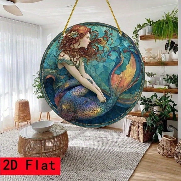 HELLOYOUNG Mermaid Metal Wall Art 8 Inch Vintage Round Handmade Wall Decor for Living Room Kitchen Office Oceanic Themed Decorative Tin Sign