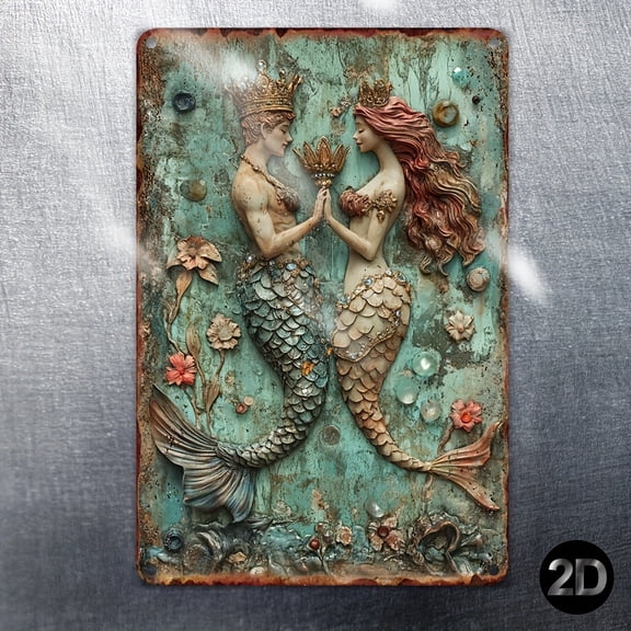 HELLOYOUNG Mermaid Metal Wall Art Tin Sign, Ocean Themed 2D Floral Shell Decor, 8x12 Inch Durable Tin Sign for Home, Bar, Cafe, Christmas Gift