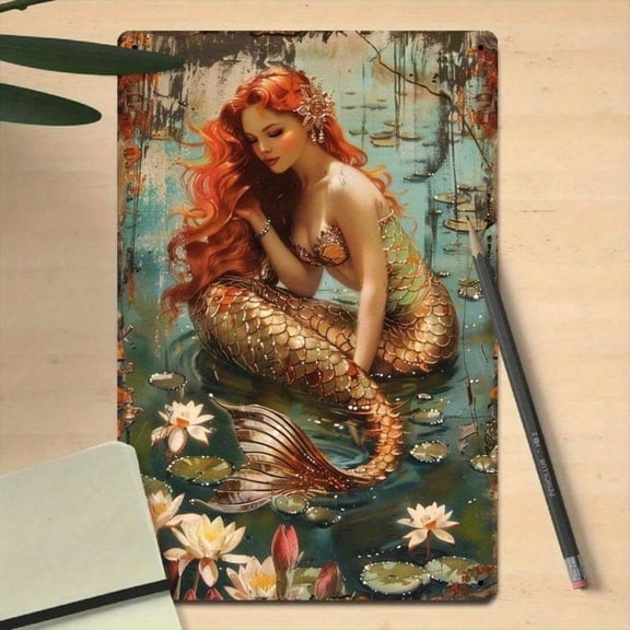 HELLOYOUNG Mermaid Metal Wall Art - Vintage Sea Breeze Tin Sign, Retro Nautical Aquatic Flowers Poster For Kitchen Bar, 8x12 Inch Ocean Decor Aluminum Plaque Signs Mural Art