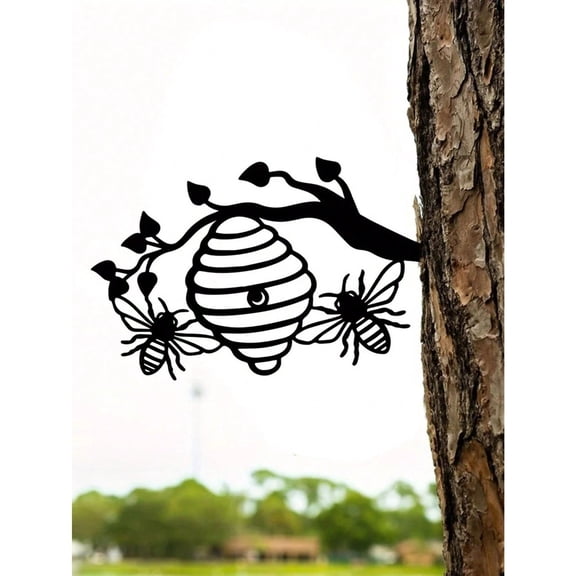 HELLOYOUNG Metal Bee Hive Garden Decor, Honeycomb Sculpture with Hanging Bees Tree Silhouette for Yard Backyard Lawn