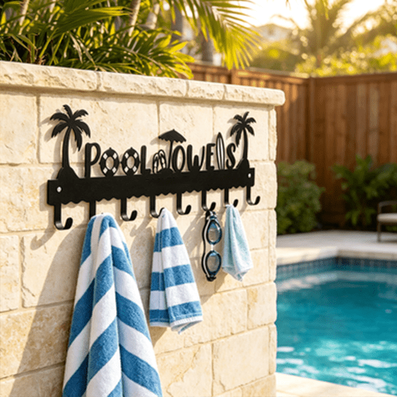 HELLOYOUNG Metal Decorative Wall Hook,5.1x16.1in Palm Tree Pool Towel Rack,Coastal Silhouette Wall Mount Hanger for Patio Outdoor Decor