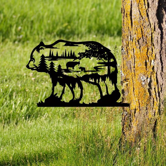 HELLOYOUNG Metal Forest Bear Silhouette Rustic Cabin Farmhouse Tree Decor Outdoor Iron Silhouette Decorative Posts Black Hanging Sculpture Ornament