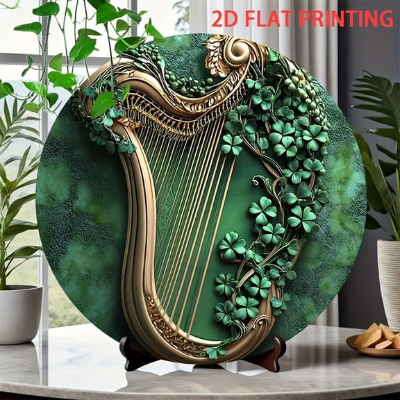 HELLOYOUNG Metal Harp Clover Wreath Wall Art, Vintage Celtic Irish Luck Door Sign, Rustic Hanging Decor for Home Office, Metal Wall Decor
