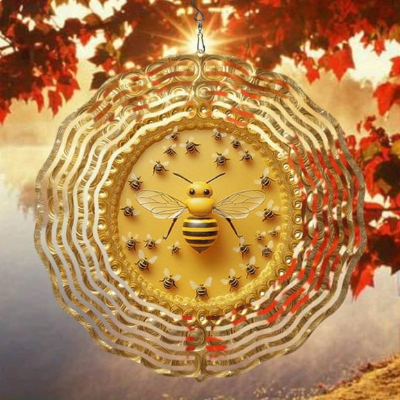 HELLOYOUNG Metal Mandala Wind Spinner with Honeycomb Design and Bee Outdoor Indoor Garden Kinetic Art Decor for All Seasons
