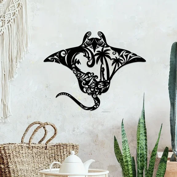 HELLOYOUNG Metal Manta Ray Wall Art Coastal Decor with Surfboard Waves Starfish Palm Beach-Themed Living Room Wall Decor