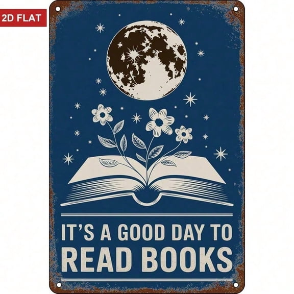 HELLOYOUNG Metal Sign Blue It's A Good Day To Read Books Moon Book Literary Wall Art for Reading Nook Classroom Bedroom Library