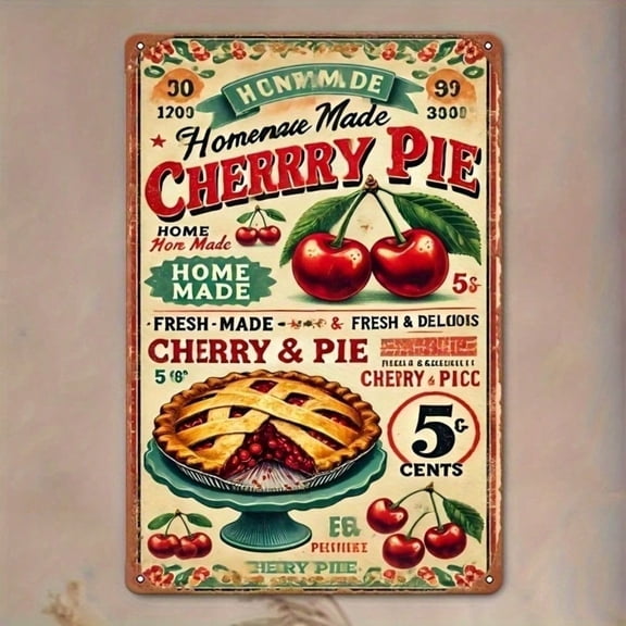 HELLOYOUNG Metal Sign Vintage Retro Cherry Pie 8x12 Inch Rustic Tin Wall Decor for Kitchen Home Bar Cafe, Unique Art Gift with Rustic Edge Design
