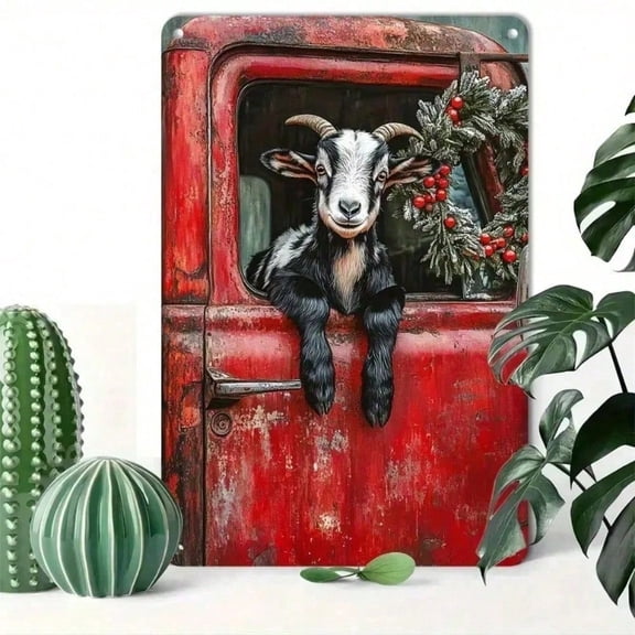 HELLOYOUNG Metal Tin Art Wall Decor Rustic Farmhouse Plaque Embroidery Style Goat Holiday Picture Vintage Reusable