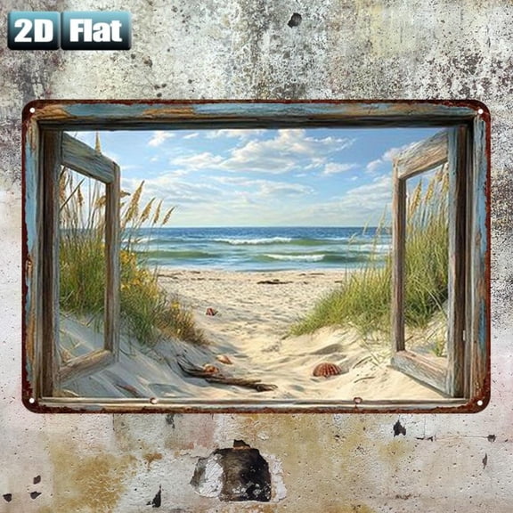 HELLOYOUNG Metal Tin Sign 8x12 Inch Beach Window View Wall Art for Living Room Restaurant Decor Rustproof