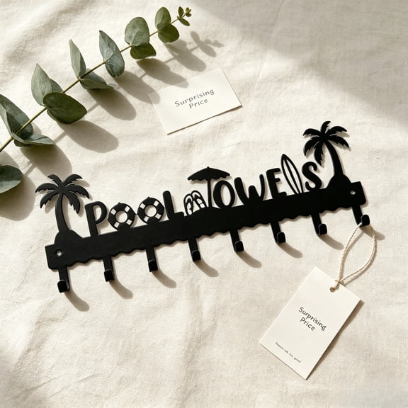 HELLOYOUNG Metal Towel Hook Rack,16.14in Pool Towels Palm Tree Letter Wall Hanger, Outdoor Poolside Decor Storage