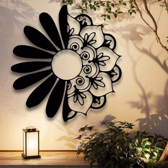 HELLOYOUNG Metal Wall Art 15.75 Inch Floral Mandala Design, Black White Gold Accents, Rustproof Waterproof Wall Decor for Living Room Bedroom, Durable Home Decor Gift