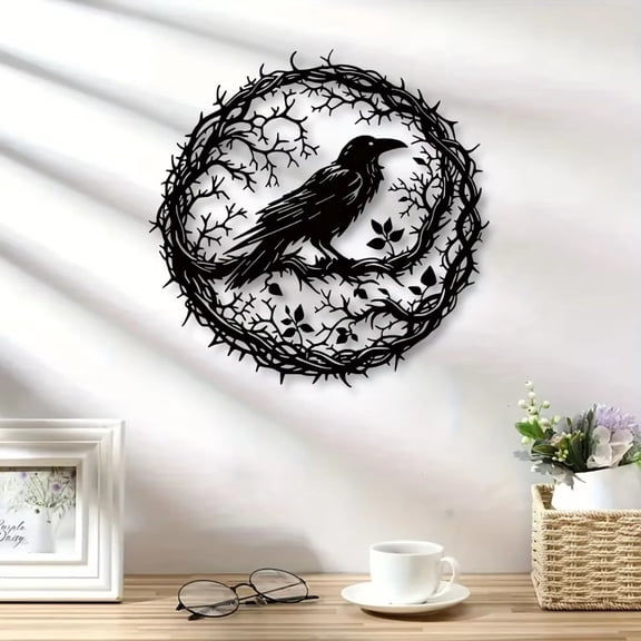 HELLOYOUNG Metal Wall Art Decor Statue Gothic Raven Wall Art with Branches Decorative Wall Panels Unique Metal Sculpture Home Decor for Indoor Wall Hanging
