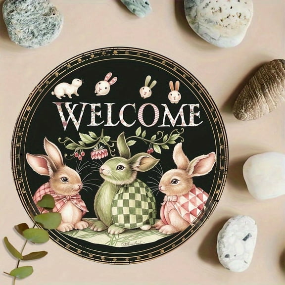 HELLOYOUNG Vintage Metal Wall Decor, Easter Bunny Egg Wreath Sign, Welcome Spring Hanging Door Room Decoration for Home