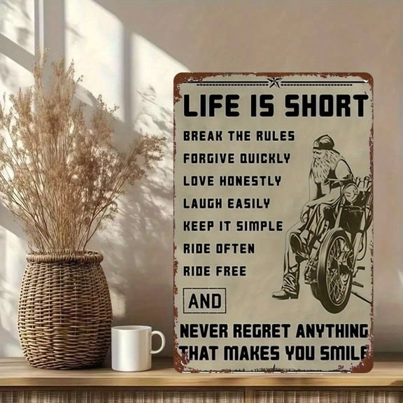 HELLOYOUNG Metal Wall Art Motorcycle Decor with Life Is Short Never Regret Quotes, Vintage 2D Flat Iron Tin Sign for Man Cave Bar Garage Home